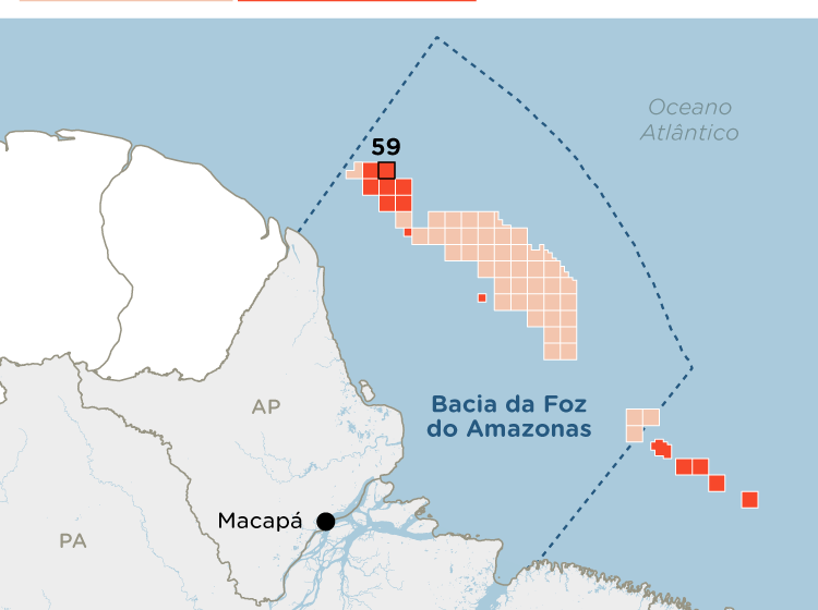 Plataforma de petróleo offshore na Foz do Amazonas com mapa da Bacia do Amapá ao fundo