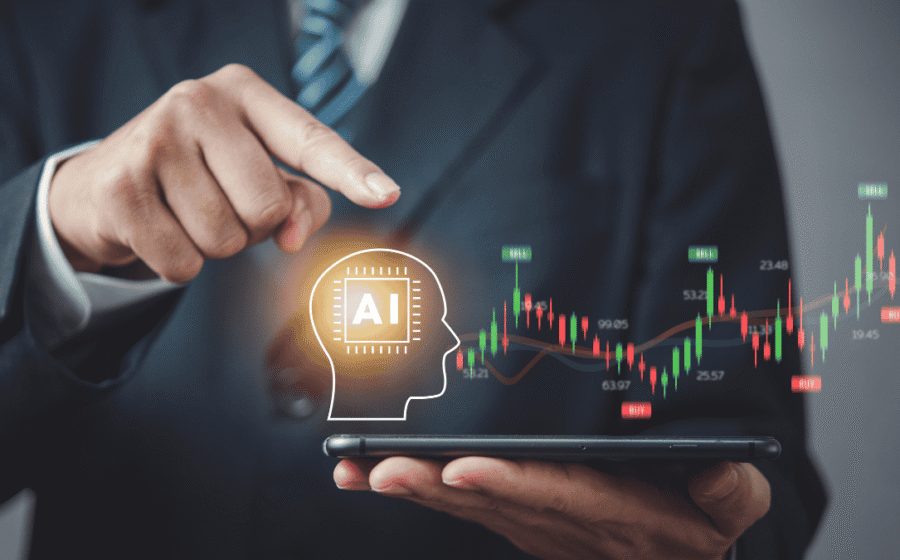 Data center moderno com servidores de IA e gráfico financeiro em queda representando dívida bilionária