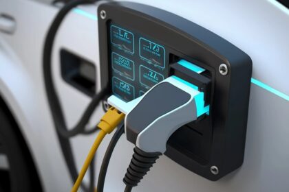 Carros elétricos carregando em estação pública com gráficos de crescimento de vendas ao fundo