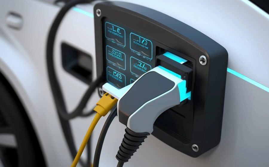 Carros elétricos carregando em estação pública com gráficos de crescimento de vendas ao fundo