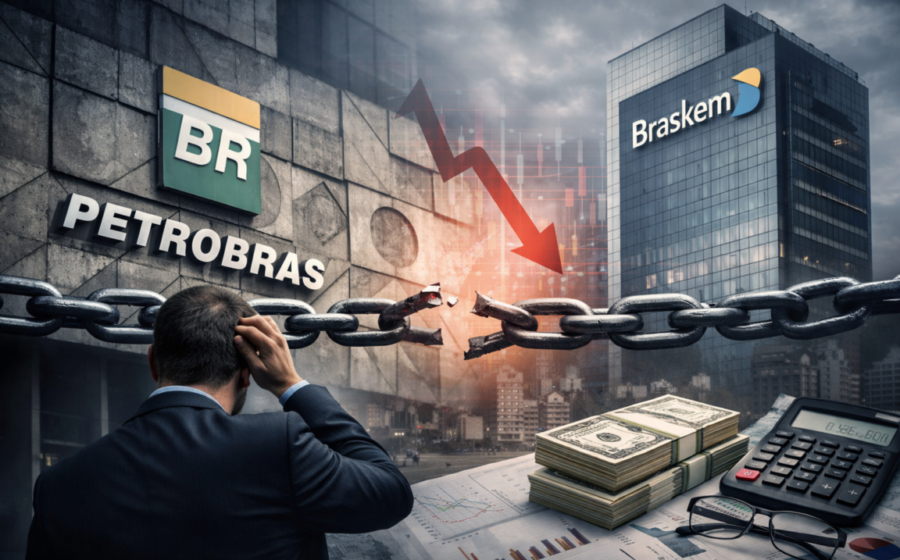 Logotipo da Braskem com gráficos financeiros em queda representando dívida de R$ 54 bilhões