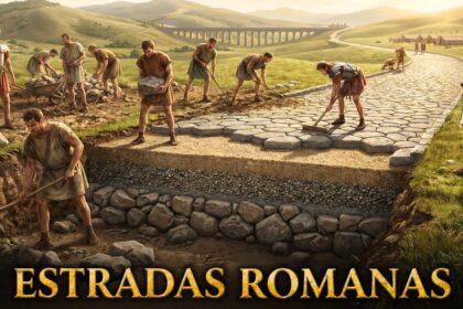 Antiga estrada romana pavimentada em pedra serpenteando por paisagem montanhosa histórica