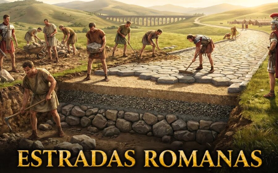 Antiga estrada romana pavimentada em pedra serpenteando por paisagem montanhosa histórica