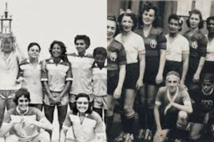 Três pioneiras do futebol feminino brasileiro (Caju, Fia e Pelezinha) em evento escolar no Rio