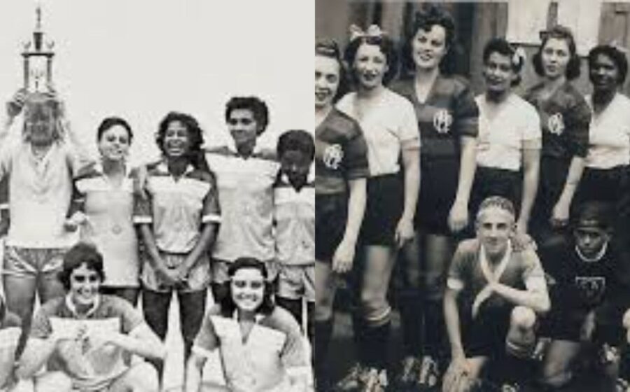 Três pioneiras do futebol feminino brasileiro (Caju, Fia e Pelezinha) em evento escolar no Rio
