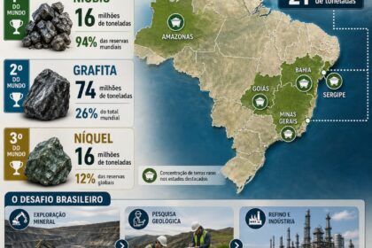Minérios de terras raras brutos em solo brasileiro com equipamentos de mineração ao fundo