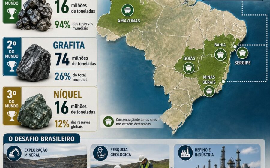 Minérios de terras raras brutos em solo brasileiro com equipamentos de mineração ao fundo