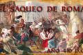 Roma em chamas no ano 410 d.C. com silhueta de Santo Agostinho escrevendo