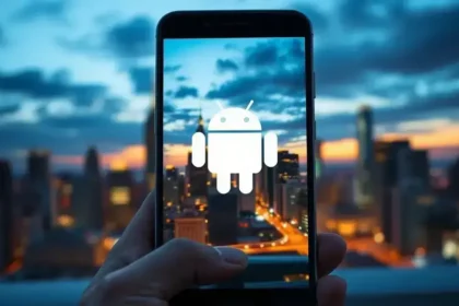 Smartphone Android moderno com especificações técnicas destacadas: 8GB RAM, bateria 5000mAh, processador intermediário
