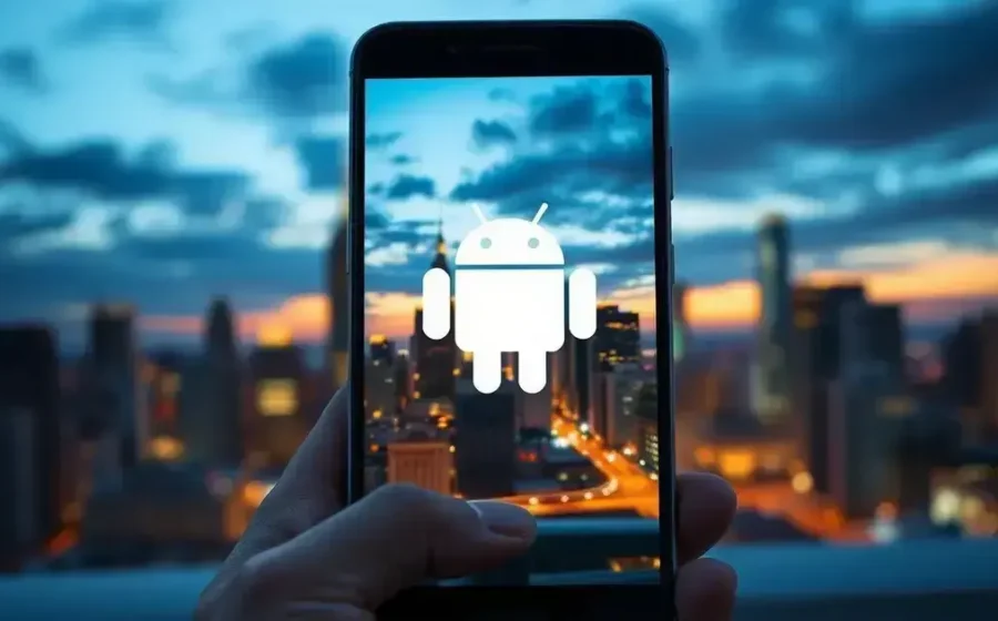 Smartphone Android moderno com especificações técnicas destacadas: 8GB RAM, bateria 5000mAh, processador intermediário