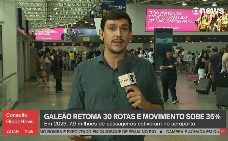 Aeroporto do Galeão no Rio com aviões e terminal moderno representando investimento de R$ 1 bi e 30 novas rotas