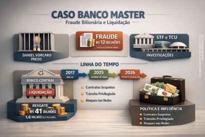 Daniel Vorcaro em destaque com documentos bancários e símbolos de investigação judicial sobre fraude bilionária no Banco Master