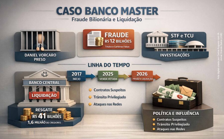 Daniel Vorcaro em destaque com documentos bancários e símbolos de investigação judicial sobre fraude bilionária no Banco Master