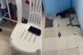 Torneira do Hospital Raul Sertã jorrando água preta e suja em pia de banheiro
