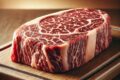 Corte de carne Wagyu cru exibindo intenso marmoreio de gordura intramuscular branca