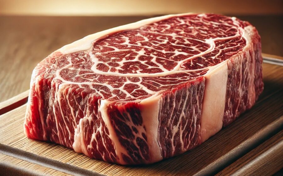 Corte de carne Wagyu cru exibindo intenso marmoreio de gordura intramuscular branca