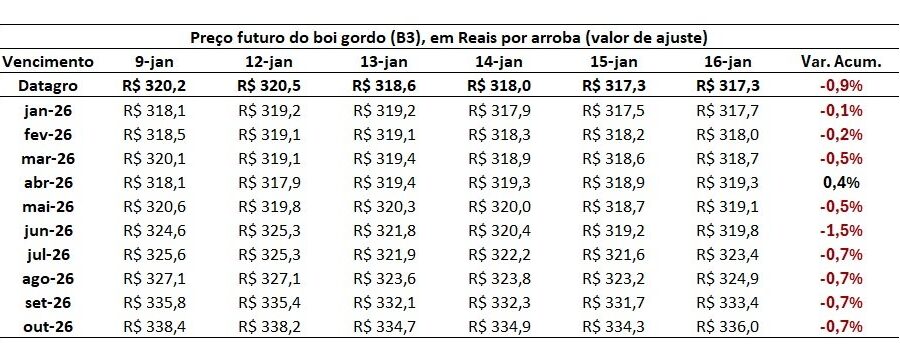 Gráfico comparando preços do boi gordo no mercado físico e contratos futuros, com curva de longo prazo em alta histórica até 2027