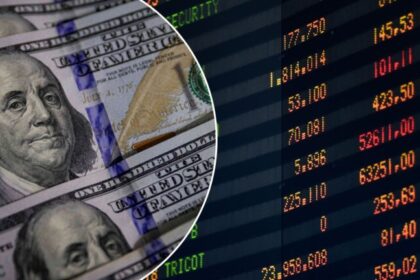 Tela de trading mostra gráfico do dólar em alta de 8% e Ibovespa caindo 14% em vermelho
