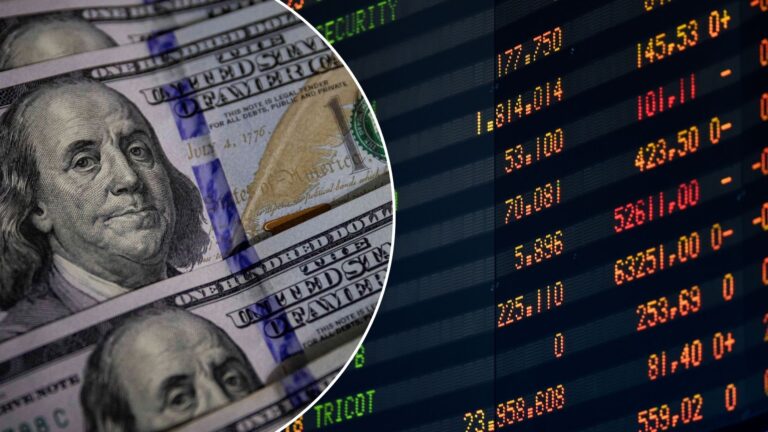 Tela de trading mostra gráfico do dólar em alta de 8% e Ibovespa caindo 14% em vermelho