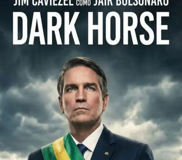 Cartaz do filme Dark Horse sobre Bolsonaro com símbolo de investigação policial e valores em reais