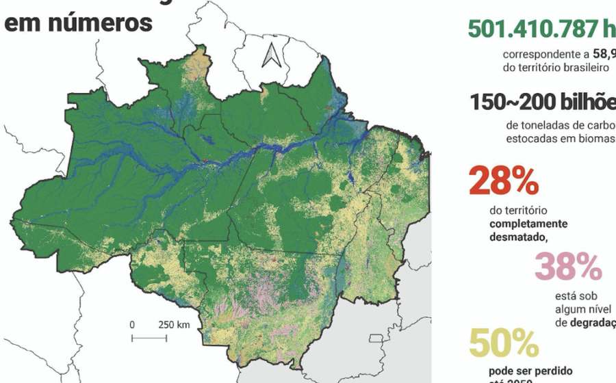 Mapa da Amazônia com 232 políticas de bioeconomia destacadas na plataforma Radar Bioecon