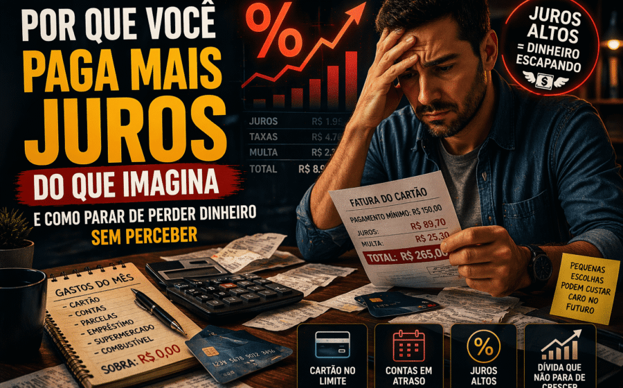 Ilustração de juros mensais vazando por buracos representando impostos e risco de reinvestimento