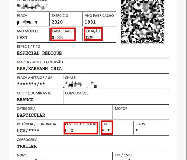 Documento CRLV destacando campos PBT e CMT para capacidade de reboque