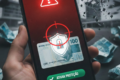 Smartphone exibindo botão "Bloquear ofertas de crédito" com ícone de escudo protetor sobre fundo bancário