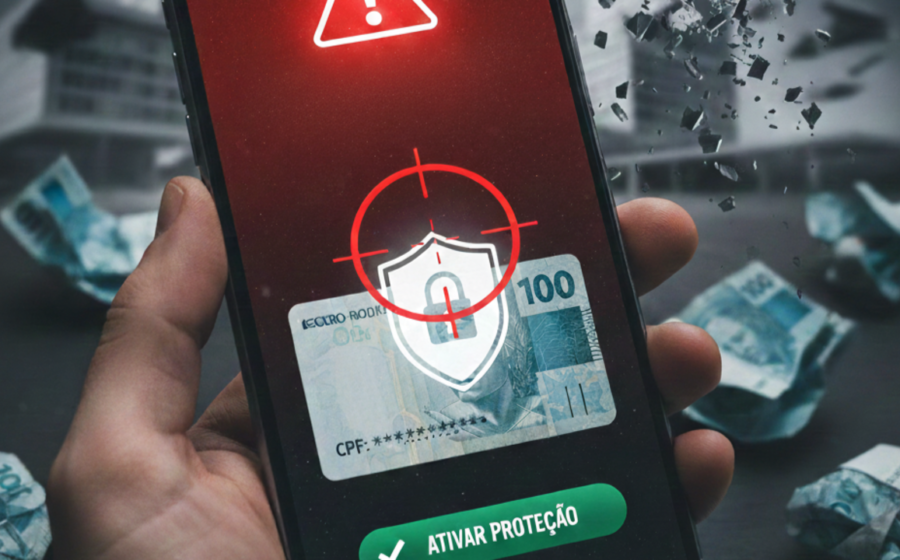 Smartphone exibindo botão "Bloquear ofertas de crédito" com ícone de escudo protetor sobre fundo bancário