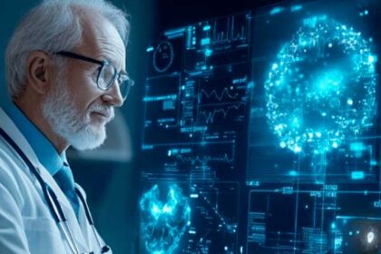Médico usando tablet com interface de IA OpenEvidence para diagnóstico clínico