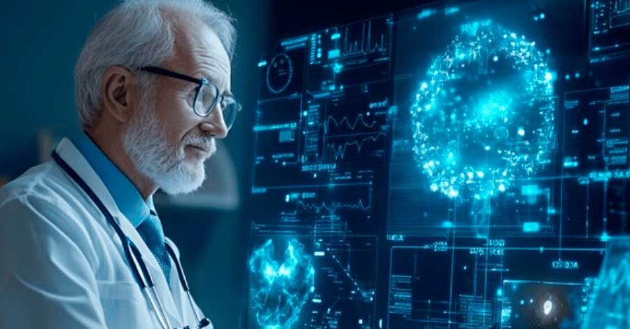 Médico usando tablet com interface de IA OpenEvidence para diagnóstico clínico