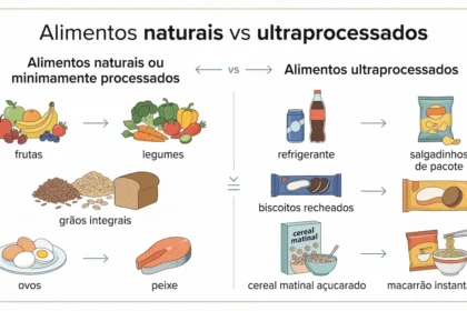 Carrinho de compras cheio de embalagens coloridas de alimentos ultraprocessados industriais