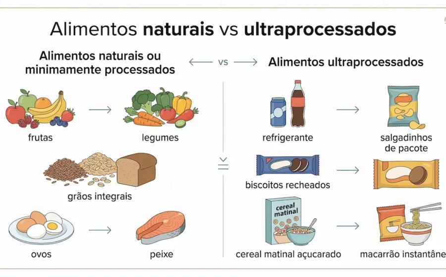 Carrinho de compras cheio de embalagens coloridas de alimentos ultraprocessados industriais