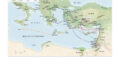 Mapa antigo do Mediterrâneo com estradas romanas e rotas marítimas usadas na expansão do cristianismo
