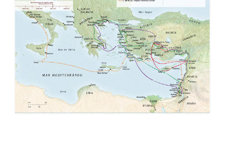 Mapa antigo do Mediterrâneo com estradas romanas e rotas marítimas usadas na expansão do cristianismo