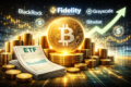Gráfico de queda do Bitcoin com ícones de ETF, petróleo e inflação representando pressões macroeconômicas