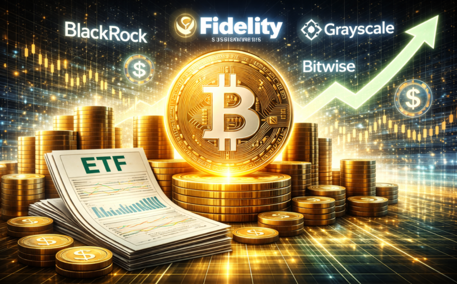Gráfico de queda do Bitcoin com ícones de ETF, petróleo e inflação representando pressões macroeconômicas