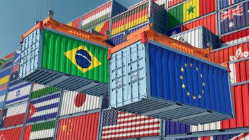 Gráfico de crescimento de exportações Brasil-UE com contêineres e bandeiras
