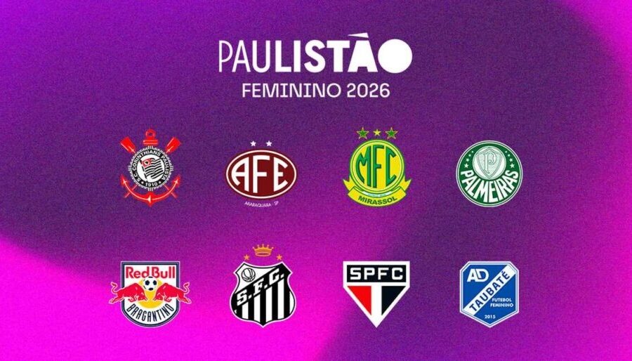 Troféu de melhor gestão do futebol feminino 2026 com escudos de Bahia, Palmeiras e São Paulo