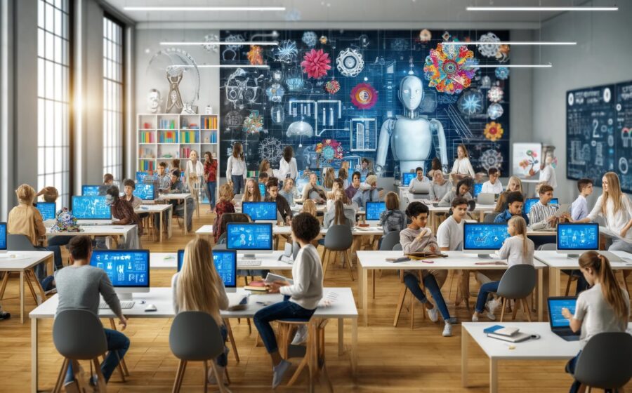 Professores em sala de aula usando inteligência artificial com certificação Microsoft