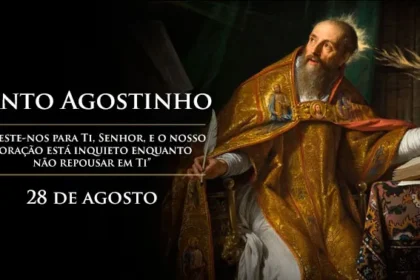 Santo Agostinho escreve "A Cidade de Deus" enquanto Roma arde ao fundo, simbolizando esperança em tempos de divisão política