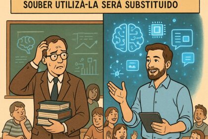 Estudante questionando resposta gerada por IA em tela de notebook, símbolo de pensamento crítico vs automação
