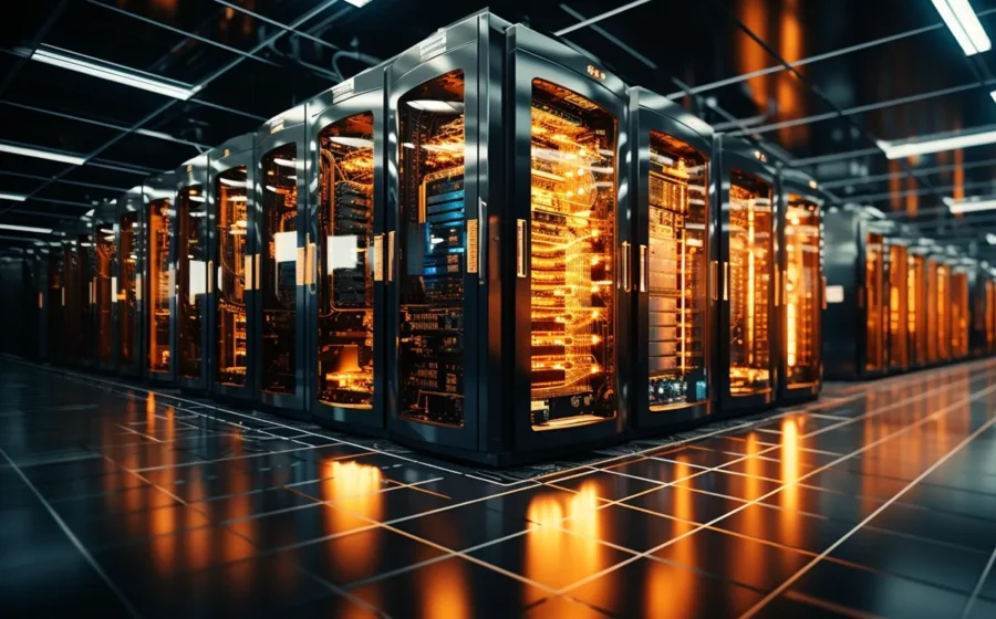 Data center moderno com servidores iluminados representando o boom energético do Redata no Brasil