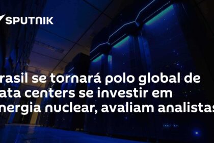 Data center moderno no Brasil com silhueta de usina nuclear ao fundo representando energia constante