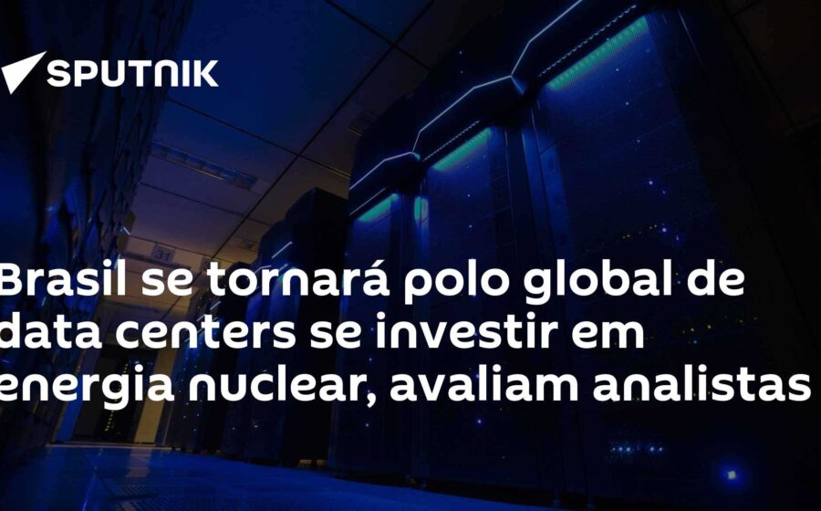 Data center moderno no Brasil com silhueta de usina nuclear ao fundo representando energia constante
