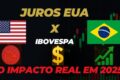 Gráfico comparando juros EUA 4% e Brasil 13% com seta de câmbio convertendo para reais