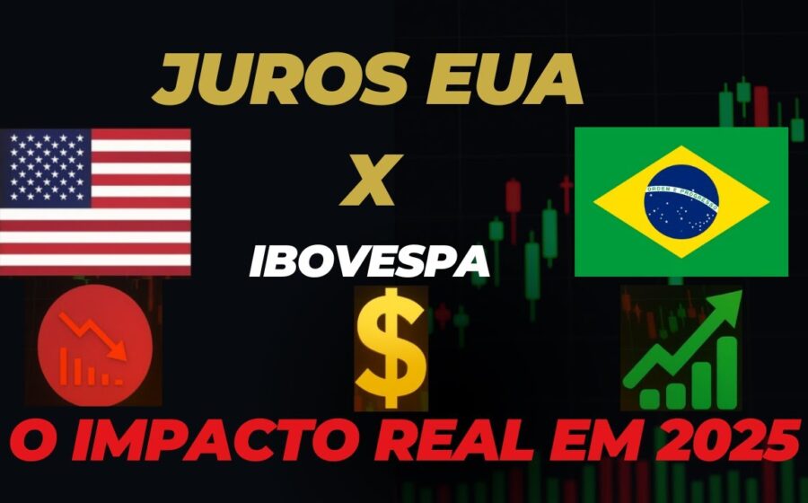 Gráfico comparando juros EUA 4% e Brasil 13% com seta de câmbio convertendo para reais