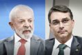 Lula e Flávio Bolsonaro em destaque com símbolos da economia brasileira e Ministério da Fazenda