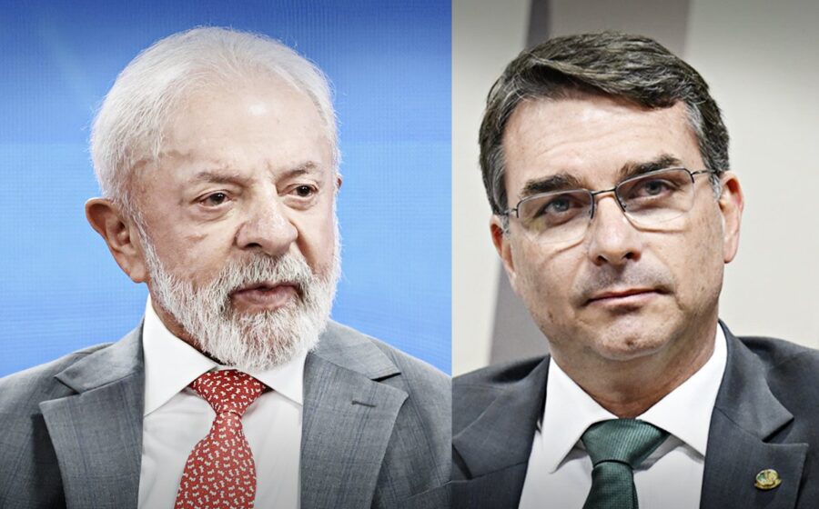 Lula e Flávio Bolsonaro em destaque com símbolos da economia brasileira e Ministério da Fazenda