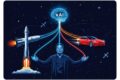 Elon Musk entre logotipos Tesla e SpaceX simbolizando fusão bilionária de ações